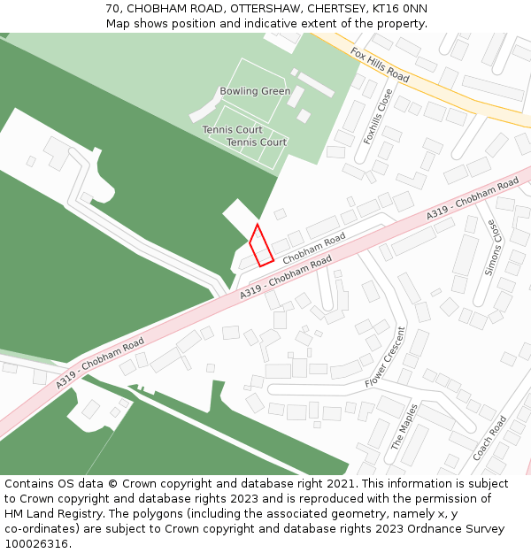 70, CHOBHAM ROAD, OTTERSHAW, CHERTSEY, KT16 0NN: Location map and indicative extent of plot