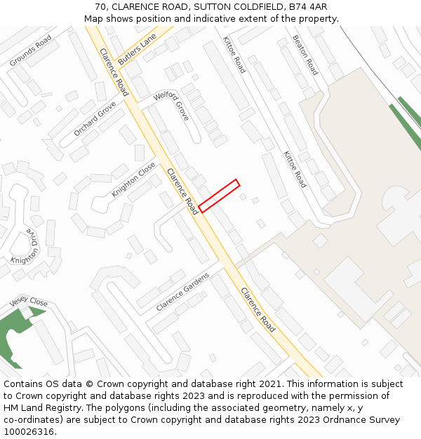 70, CLARENCE ROAD, SUTTON COLDFIELD, B74 4AR: Location map and indicative extent of plot