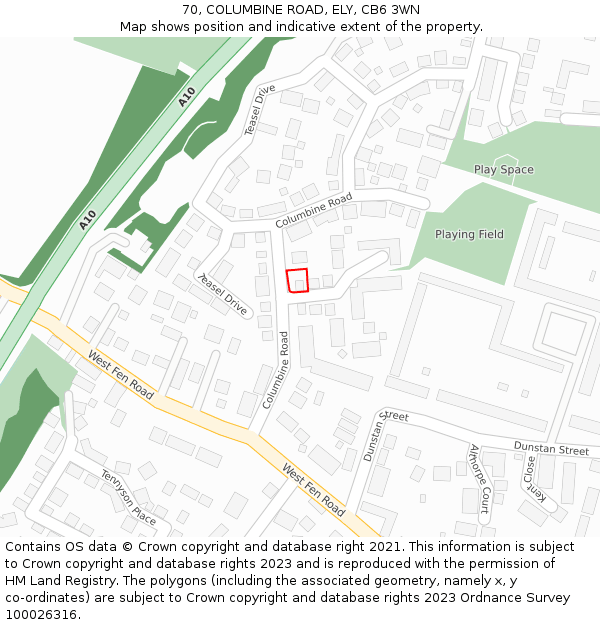 70, COLUMBINE ROAD, ELY, CB6 3WN: Location map and indicative extent of plot