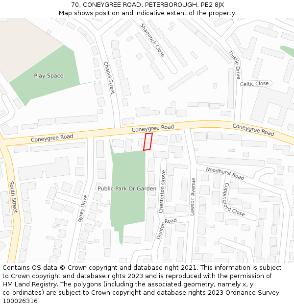 70, CONEYGREE ROAD, PETERBOROUGH, PE2 8JX: Location map and indicative extent of plot