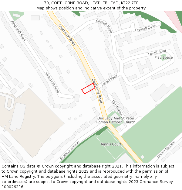 70, COPTHORNE ROAD, LEATHERHEAD, KT22 7EE: Location map and indicative extent of plot