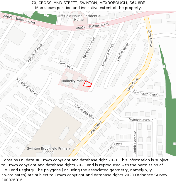 70, CROSSLAND STREET, SWINTON, MEXBOROUGH, S64 8BB: Location map and indicative extent of plot