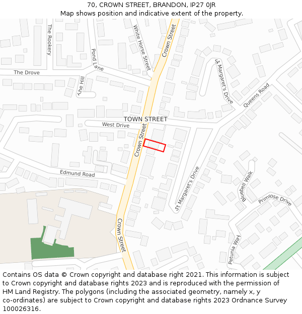 70, CROWN STREET, BRANDON, IP27 0JR: Location map and indicative extent of plot