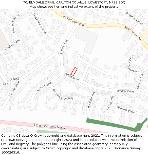 70, ELMDALE DRIVE, CARLTON COLVILLE, LOWESTOFT, NR33 8DQ: Location map and indicative extent of plot