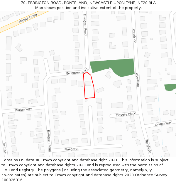 70, ERRINGTON ROAD, PONTELAND, NEWCASTLE UPON TYNE, NE20 9LA: Location map and indicative extent of plot