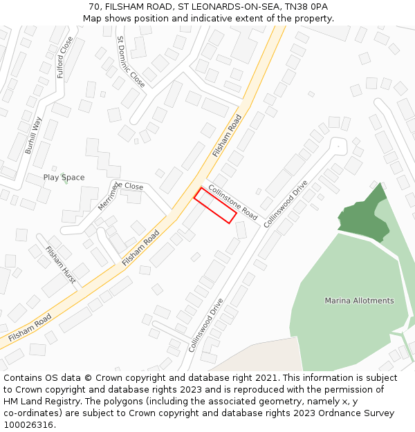 70, FILSHAM ROAD, ST LEONARDS-ON-SEA, TN38 0PA: Location map and indicative extent of plot