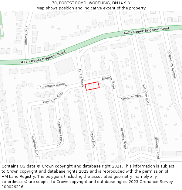 70, FOREST ROAD, WORTHING, BN14 9LY: Location map and indicative extent of plot