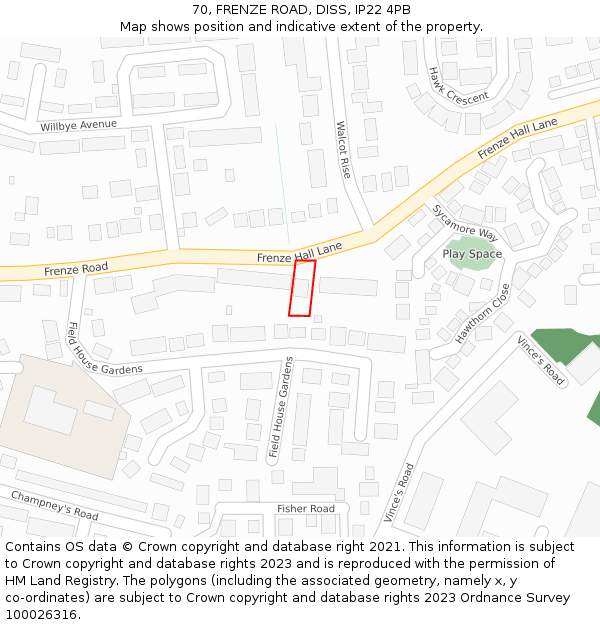 70, FRENZE ROAD, DISS, IP22 4PB: Location map and indicative extent of plot