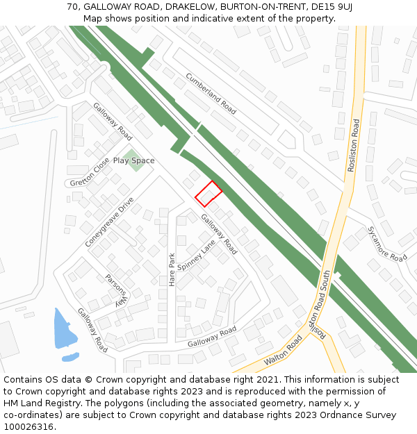 70, GALLOWAY ROAD, DRAKELOW, BURTON-ON-TRENT, DE15 9UJ: Location map and indicative extent of plot