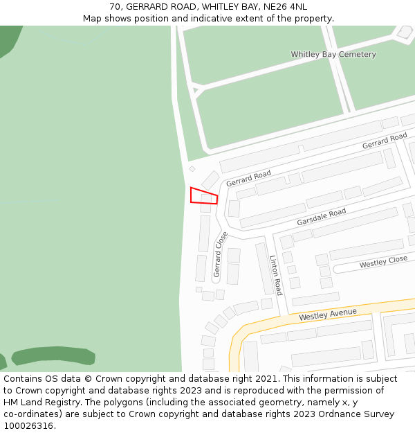 70, GERRARD ROAD, WHITLEY BAY, NE26 4NL: Location map and indicative extent of plot