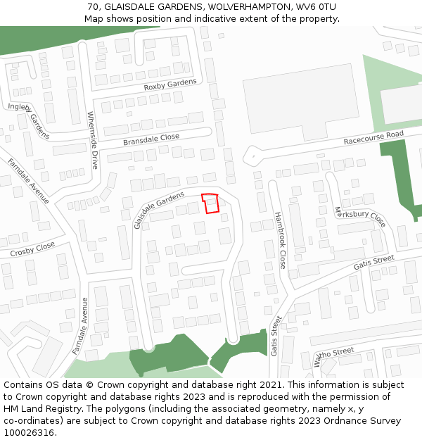 70, GLAISDALE GARDENS, WOLVERHAMPTON, WV6 0TU: Location map and indicative extent of plot