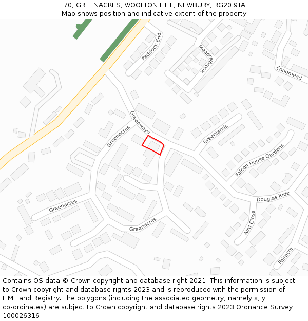 70, GREENACRES, WOOLTON HILL, NEWBURY, RG20 9TA: Location map and indicative extent of plot