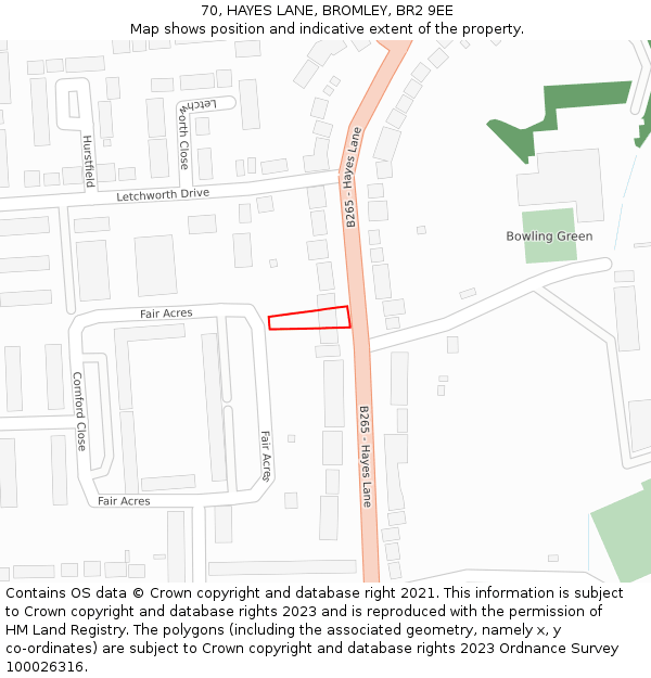 70, HAYES LANE, BROMLEY, BR2 9EE: Location map and indicative extent of plot