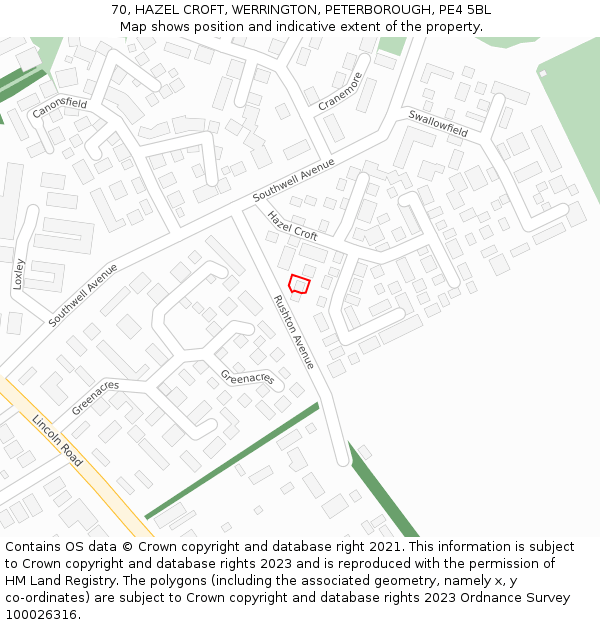 70, HAZEL CROFT, WERRINGTON, PETERBOROUGH, PE4 5BL: Location map and indicative extent of plot