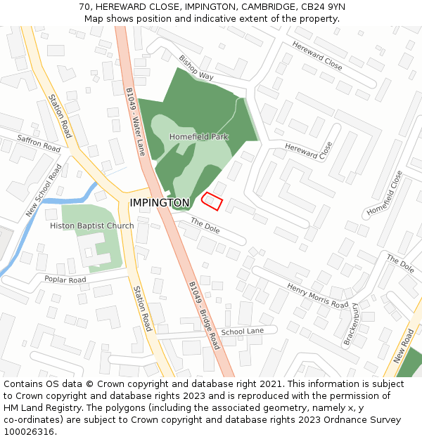 70, HEREWARD CLOSE, IMPINGTON, CAMBRIDGE, CB24 9YN: Location map and indicative extent of plot