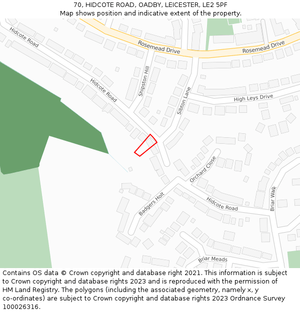70, HIDCOTE ROAD, OADBY, LEICESTER, LE2 5PF: Location map and indicative extent of plot