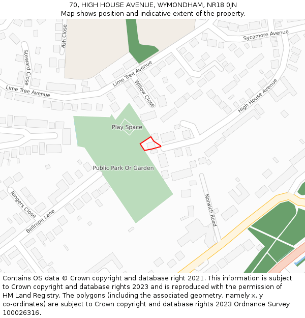 70, HIGH HOUSE AVENUE, WYMONDHAM, NR18 0JN: Location map and indicative extent of plot
