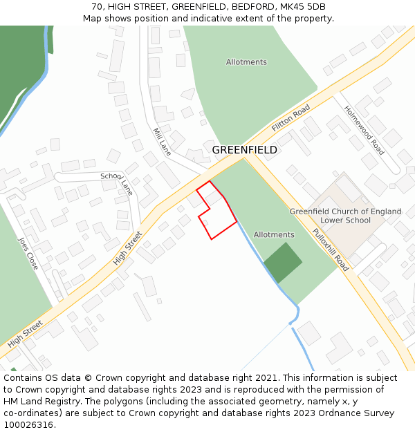 70, HIGH STREET, GREENFIELD, BEDFORD, MK45 5DB: Location map and indicative extent of plot