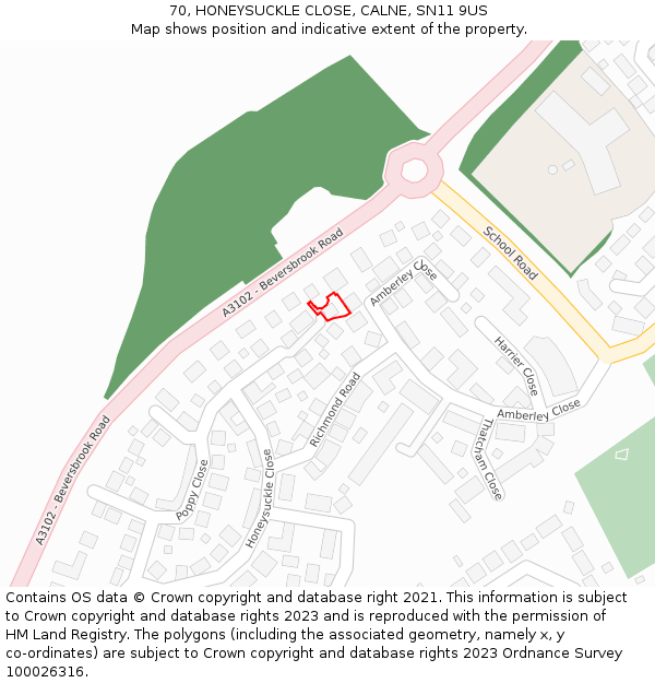 70, HONEYSUCKLE CLOSE, CALNE, SN11 9US: Location map and indicative extent of plot