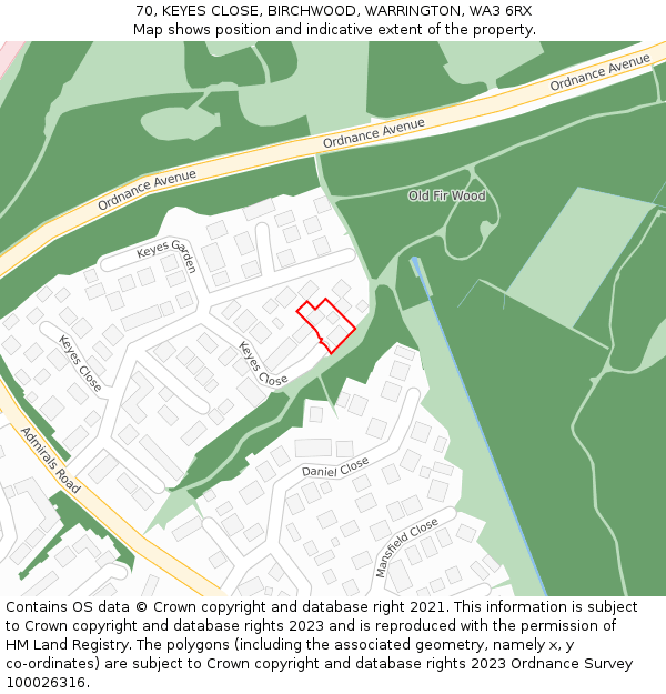 70, KEYES CLOSE, BIRCHWOOD, WARRINGTON, WA3 6RX: Location map and indicative extent of plot
