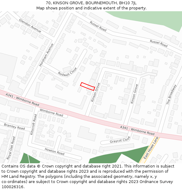 70, KINSON GROVE, BOURNEMOUTH, BH10 7JL: Location map and indicative extent of plot