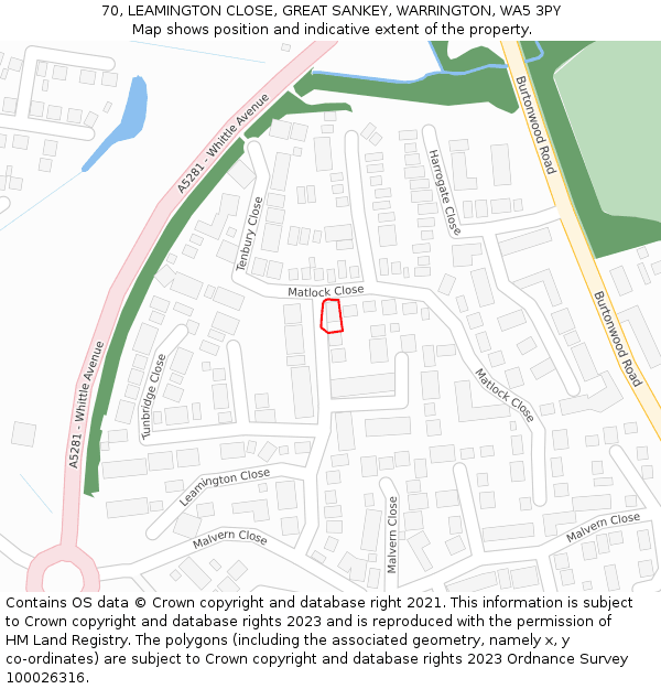 70, LEAMINGTON CLOSE, GREAT SANKEY, WARRINGTON, WA5 3PY: Location map and indicative extent of plot
