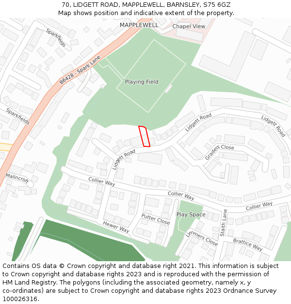 70, LIDGETT ROAD, MAPPLEWELL, BARNSLEY, S75 6GZ: Location map and indicative extent of plot