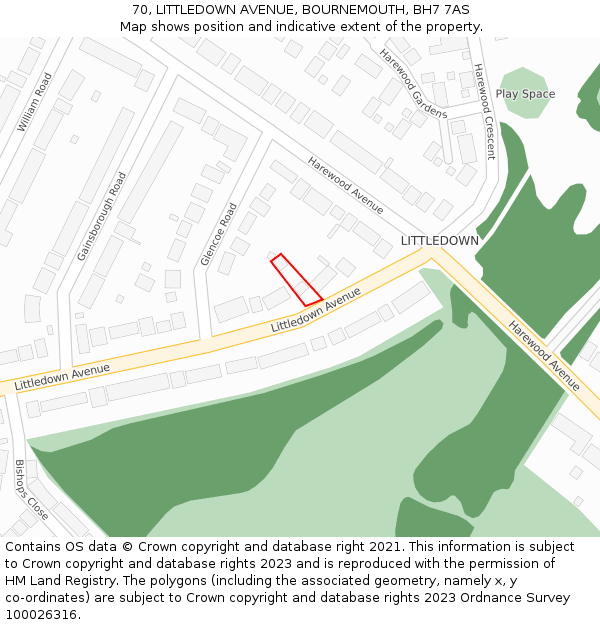 70, LITTLEDOWN AVENUE, BOURNEMOUTH, BH7 7AS: Location map and indicative extent of plot