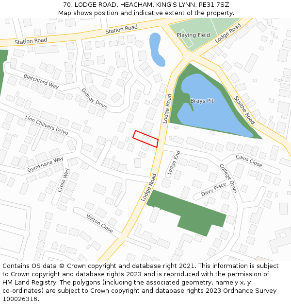 70, LODGE ROAD, HEACHAM, KING'S LYNN, PE31 7SZ: Location map and indicative extent of plot