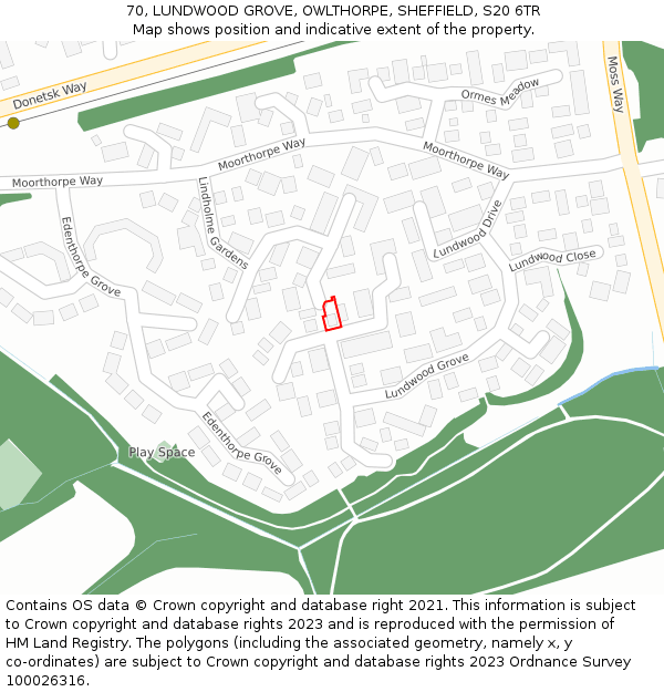 70, LUNDWOOD GROVE, OWLTHORPE, SHEFFIELD, S20 6TR: Location map and indicative extent of plot