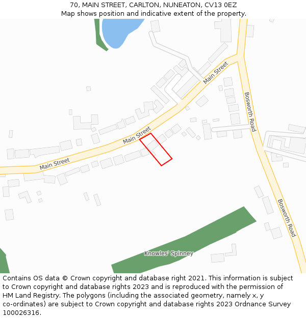 70, MAIN STREET, CARLTON, NUNEATON, CV13 0EZ: Location map and indicative extent of plot
