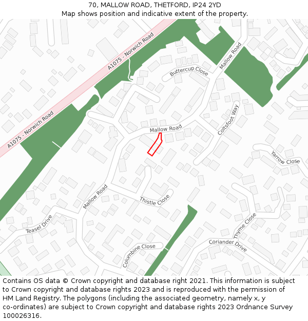 70, MALLOW ROAD, THETFORD, IP24 2YD: Location map and indicative extent of plot