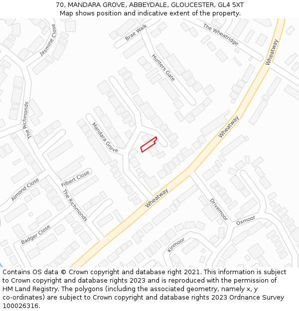 70, MANDARA GROVE, ABBEYDALE, GLOUCESTER, GL4 5XT: Location map and indicative extent of plot