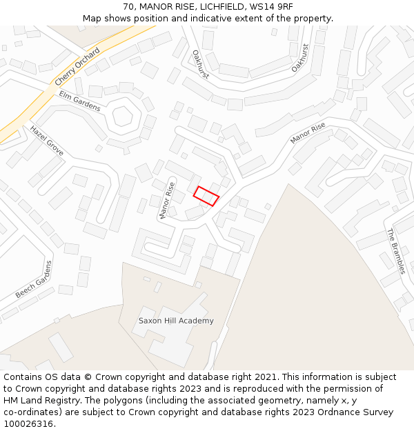 70, MANOR RISE, LICHFIELD, WS14 9RF: Location map and indicative extent of plot