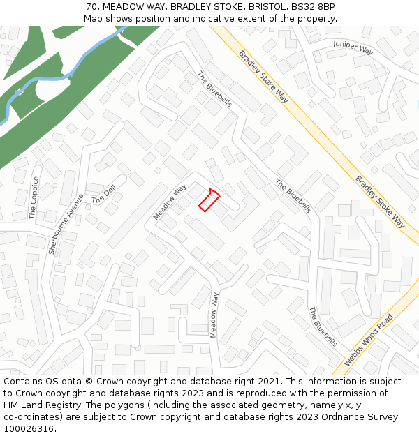 70, MEADOW WAY, BRADLEY STOKE, BRISTOL, BS32 8BP: Location map and indicative extent of plot