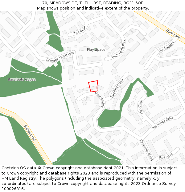 70, MEADOWSIDE, TILEHURST, READING, RG31 5QE: Location map and indicative extent of plot