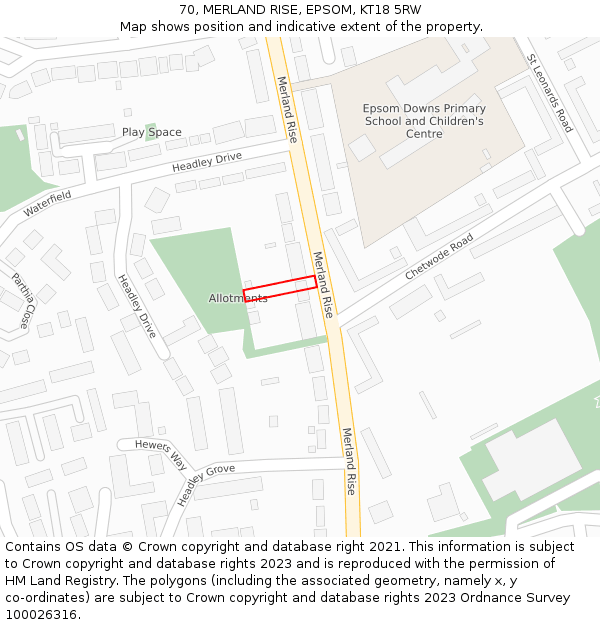 70, MERLAND RISE, EPSOM, KT18 5RW: Location map and indicative extent of plot