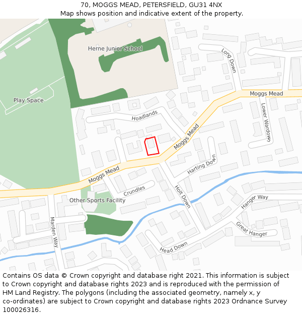 70, MOGGS MEAD, PETERSFIELD, GU31 4NX: Location map and indicative extent of plot