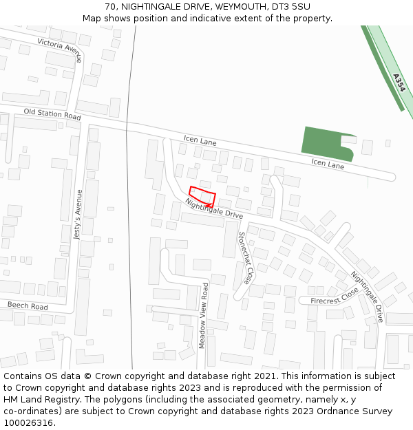 70, NIGHTINGALE DRIVE, WEYMOUTH, DT3 5SU: Location map and indicative extent of plot