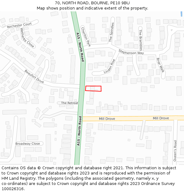 70, NORTH ROAD, BOURNE, PE10 9BU: Location map and indicative extent of plot