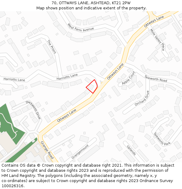 70, OTTWAYS LANE, ASHTEAD, KT21 2PW: Location map and indicative extent of plot