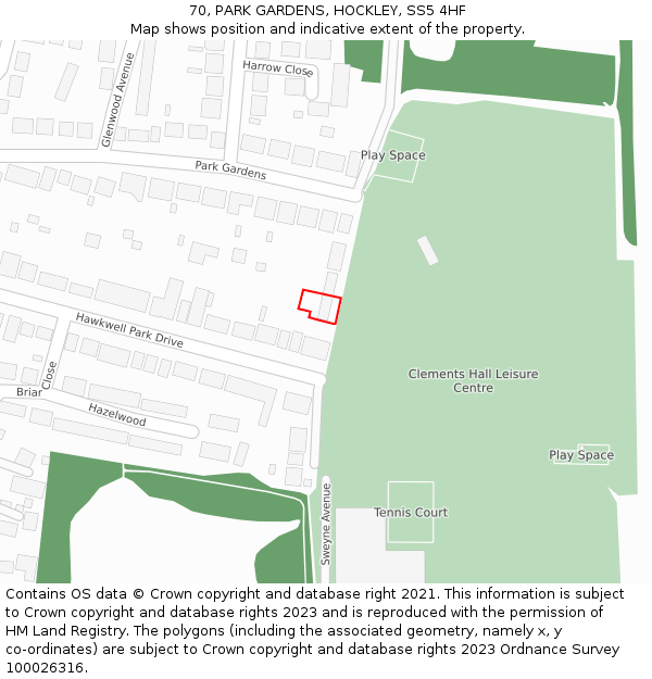 70, PARK GARDENS, HOCKLEY, SS5 4HF: Location map and indicative extent of plot
