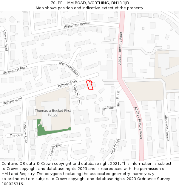 70, PELHAM ROAD, WORTHING, BN13 1JB: Location map and indicative extent of plot