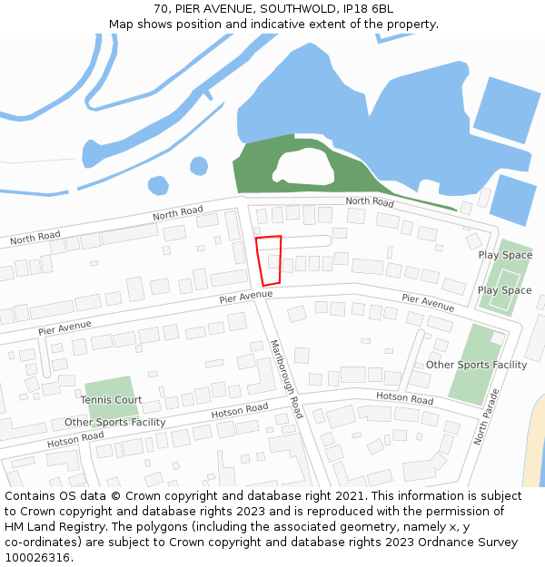 70, PIER AVENUE, SOUTHWOLD, IP18 6BL: Location map and indicative extent of plot