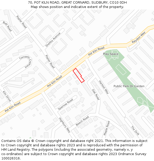 70, POT KILN ROAD, GREAT CORNARD, SUDBURY, CO10 0DH: Location map and indicative extent of plot