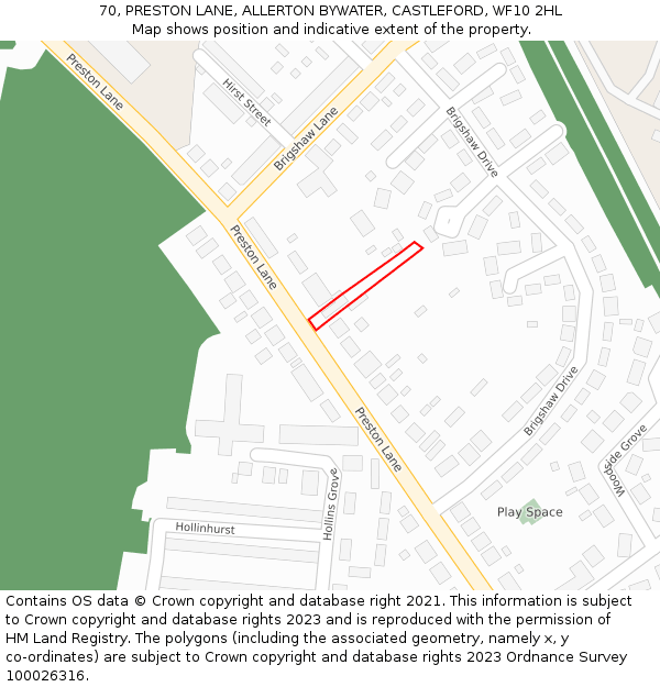 70, PRESTON LANE, ALLERTON BYWATER, CASTLEFORD, WF10 2HL: Location map and indicative extent of plot