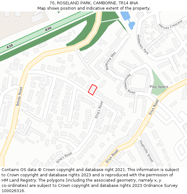 70, ROSELAND PARK, CAMBORNE, TR14 8NA: Location map and indicative extent of plot
