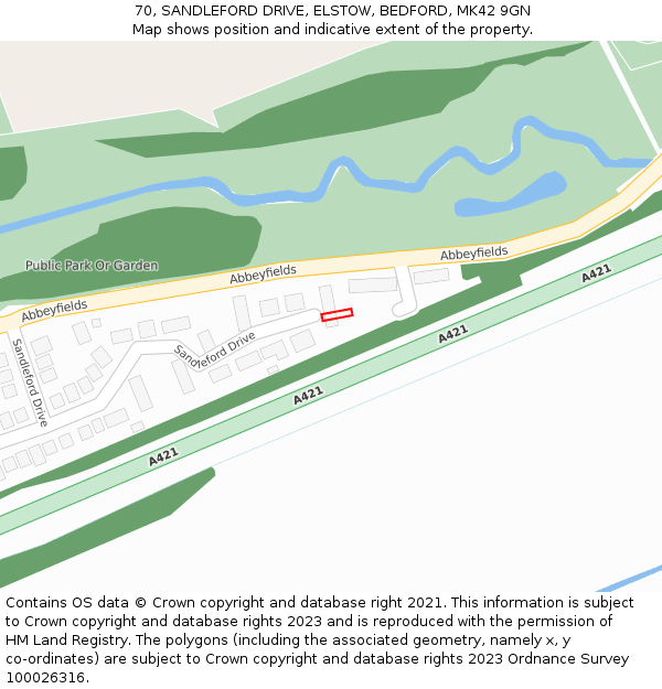 70, SANDLEFORD DRIVE, ELSTOW, BEDFORD, MK42 9GN: Location map and indicative extent of plot