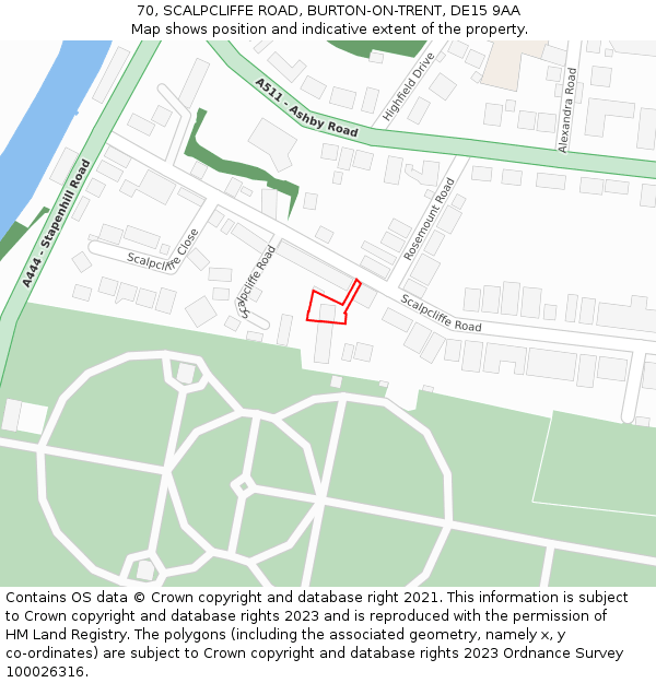 70, SCALPCLIFFE ROAD, BURTON-ON-TRENT, DE15 9AA: Location map and indicative extent of plot