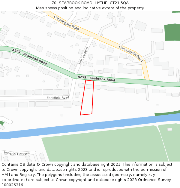 70, SEABROOK ROAD, HYTHE, CT21 5QA: Location map and indicative extent of plot